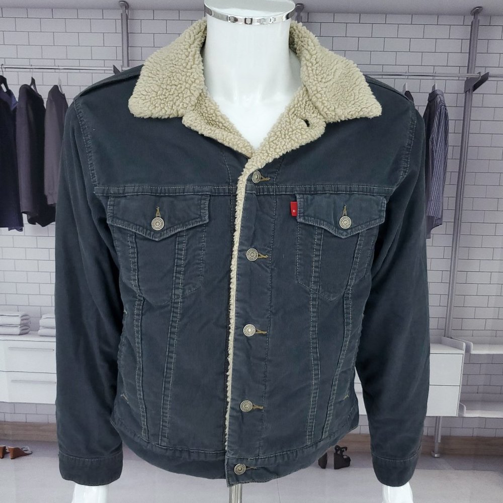 Retro LEVIS Corduroy JACKET Sherpa Fur Dark Blue TRUCKER Coat Sz Medium